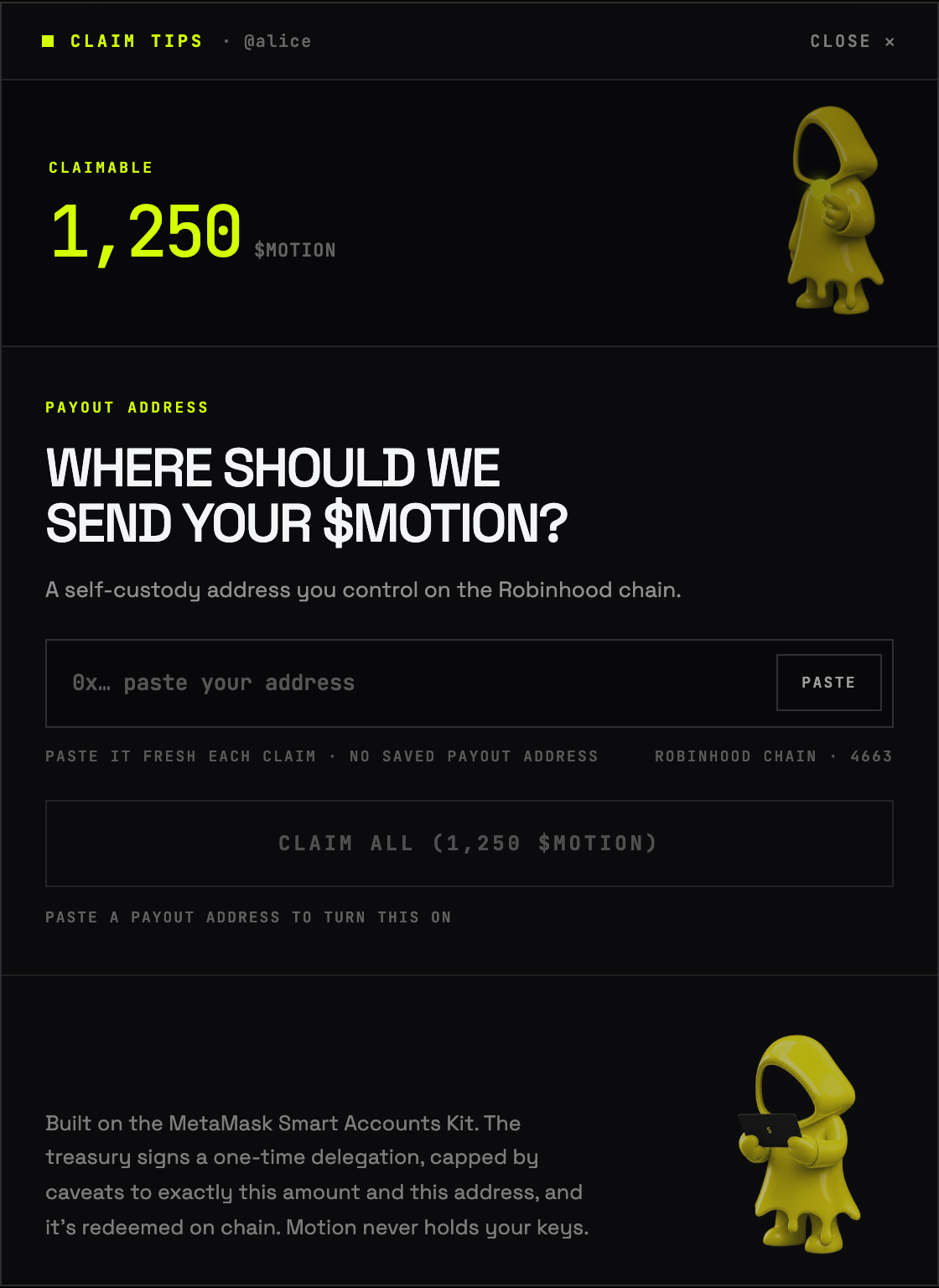 The claim screen on motion.tips: the claimable balance, a field for the payout address, and one CLAIM ALL button.